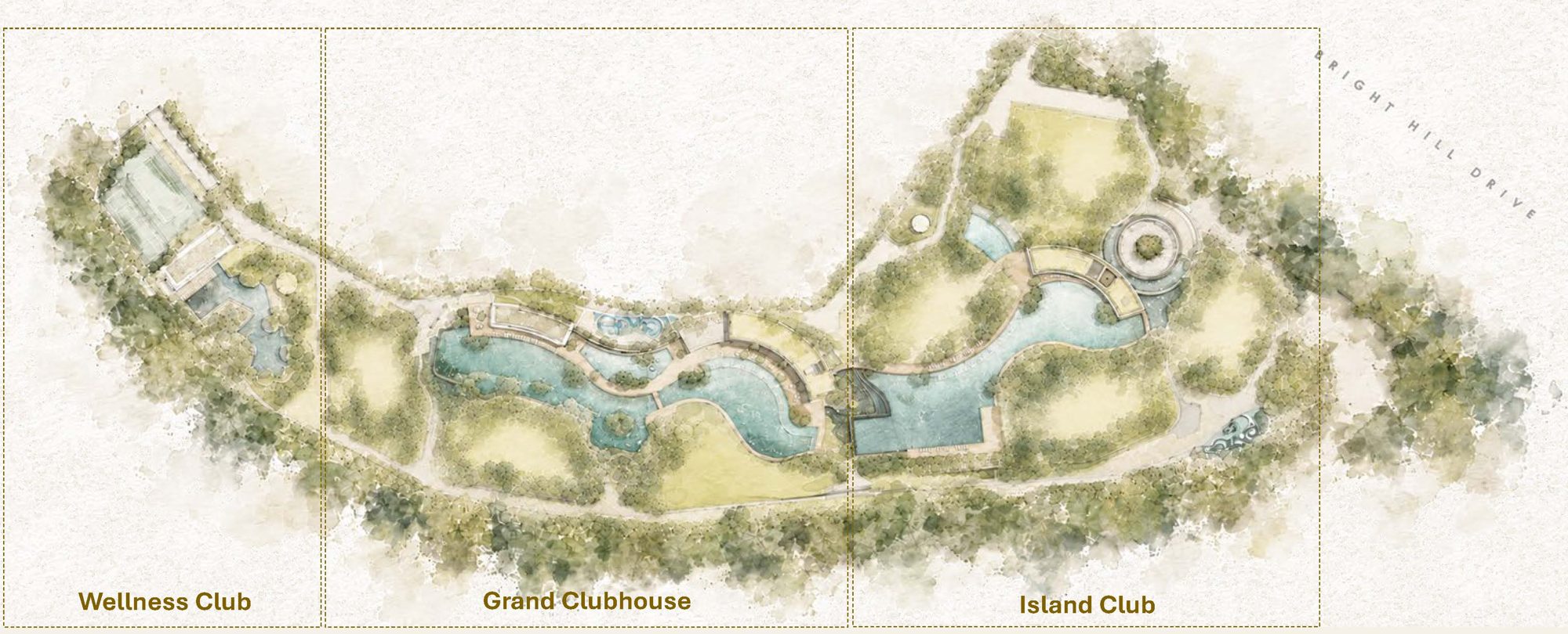 Site plan showing the Wellness Club, Grand Clubhouse and Island Club